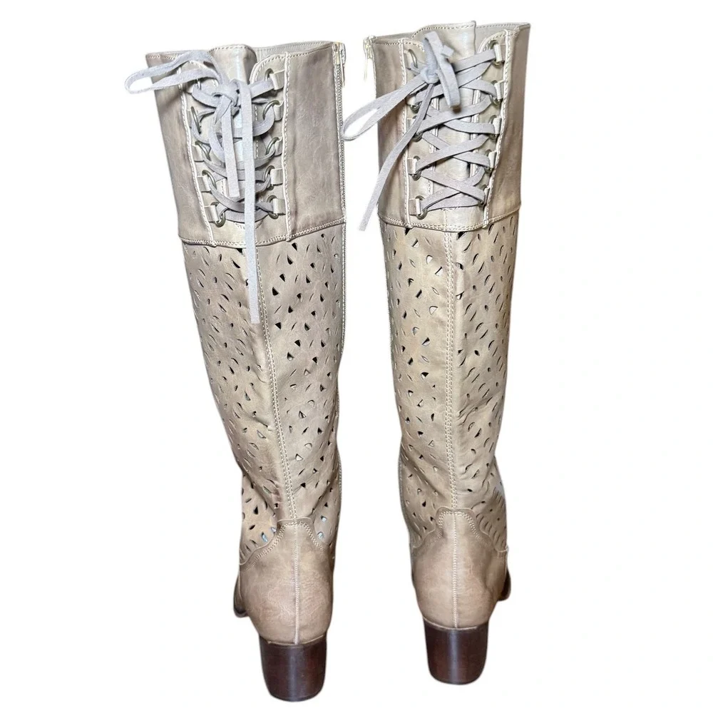 Boutique by Corkys Gabbie Taupe Perforated Lace Up Back Tall Boots Womens 11